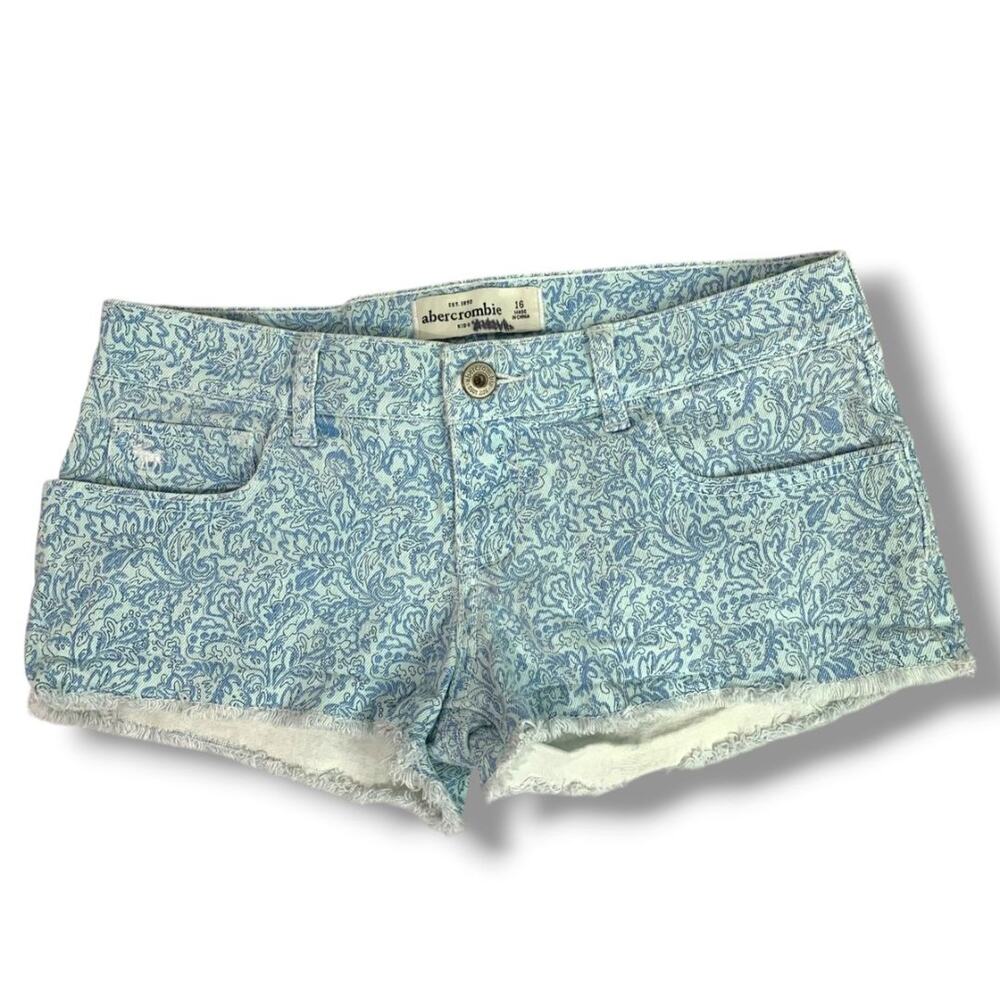 Size 16 Abercrombie Kids Girls Print Jean Shorts Light Wash Denim Raw Hem